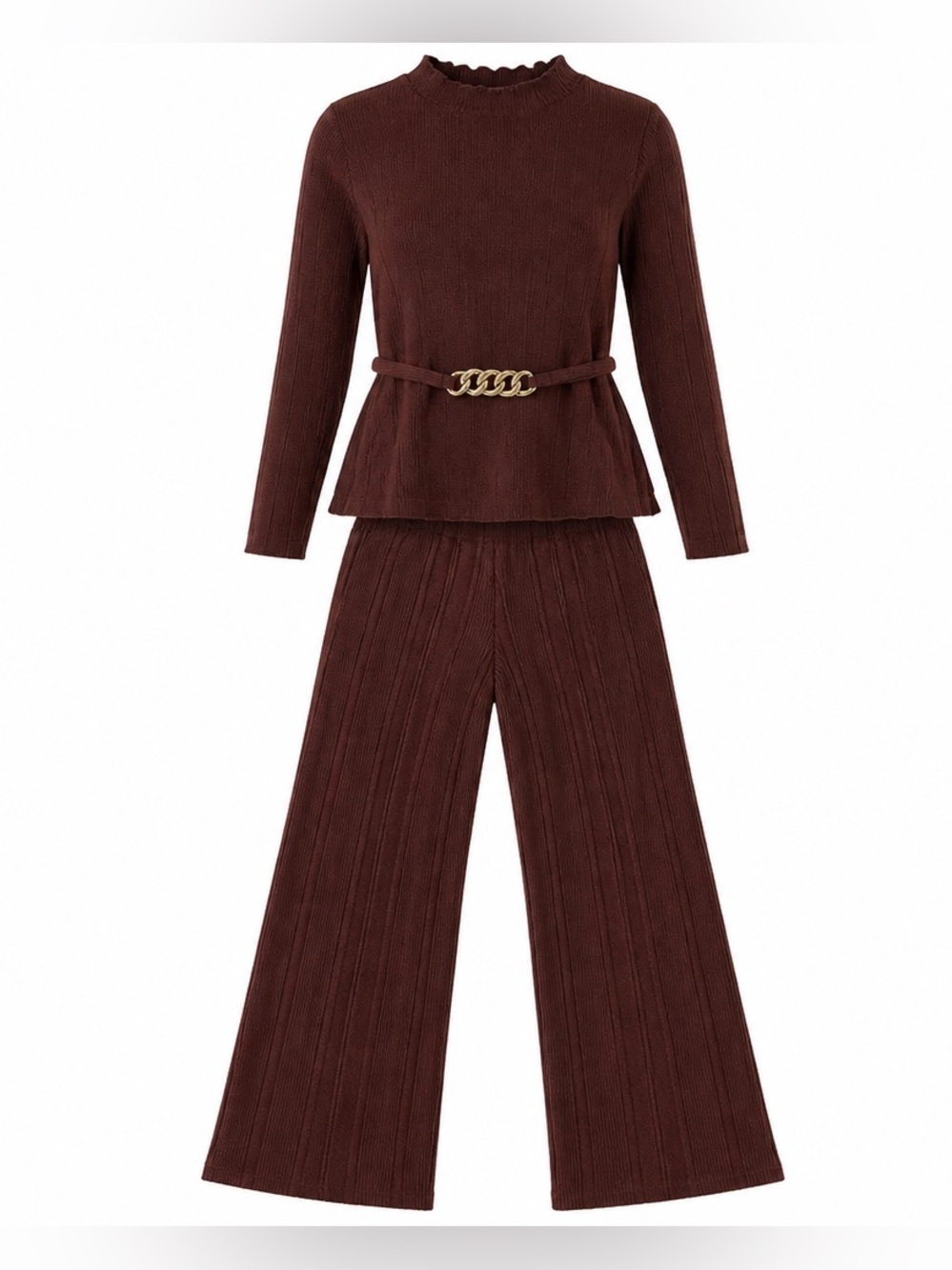 Women’s Outfit Set Wide-Leg Pants and Long Sleeve Top Brown Size XL